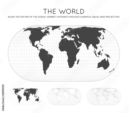 Map of The World. Herbert Hufnage's pseudocylindrical equal-area projection. Globe with latitude and longitude lines. World map on meridians and parallels background. Vector illustration.