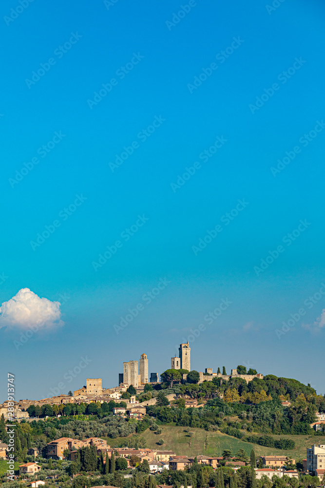 view to San Gimignano, old medieval typical Tuscan town with residential towers found therein