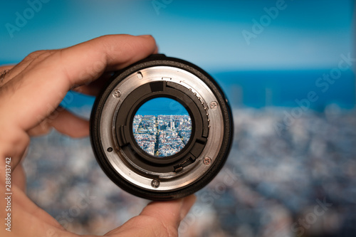 Barcelona general view through camera lens. Photography and travel concept. photo