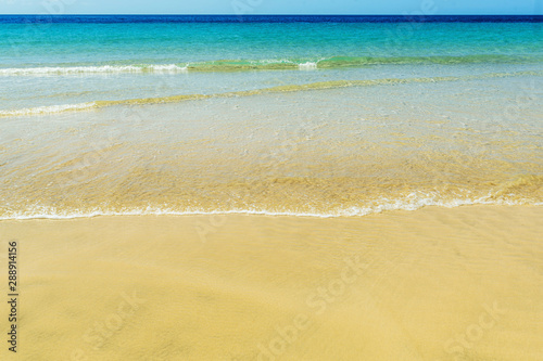  Empty sandy beach. Summer day. Waves on the seashore. Vector illustration.