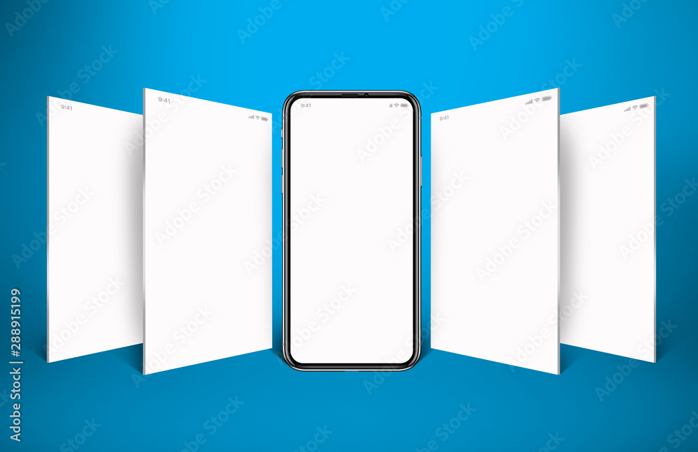 model of a mobile phone with four white screens and turquoise background model of a mobile phone with four white screens and turquoise background