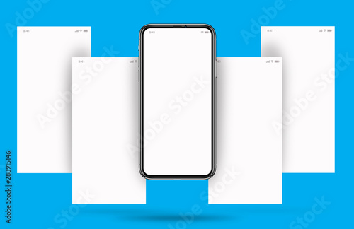 model of a cell phone, social media with cell phone, with four white screens horizontally and a light blue background.