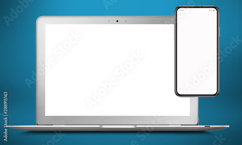 model of a silver color computer with white screen, and a mobile phone, blue background