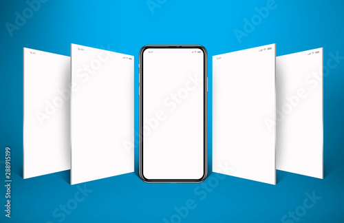 model of a mobile phone with four white screens and turquoise background