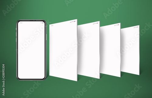model of a cell phone, social media with cell phone, with four horizontally white screens and a green background