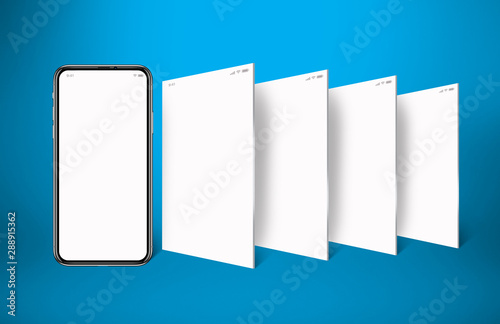 model of a cell phone, social media with cell phone, with four white screens horizontally and a blue background in goddam.