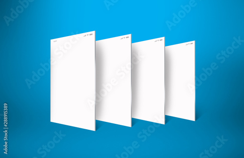 the model of four white mobile screens, with turquoise blue background
