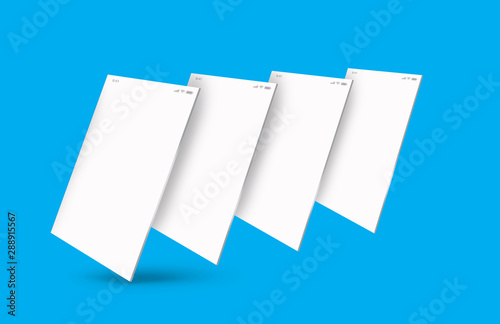 the model of four white mobile screens, with turquoise blue background