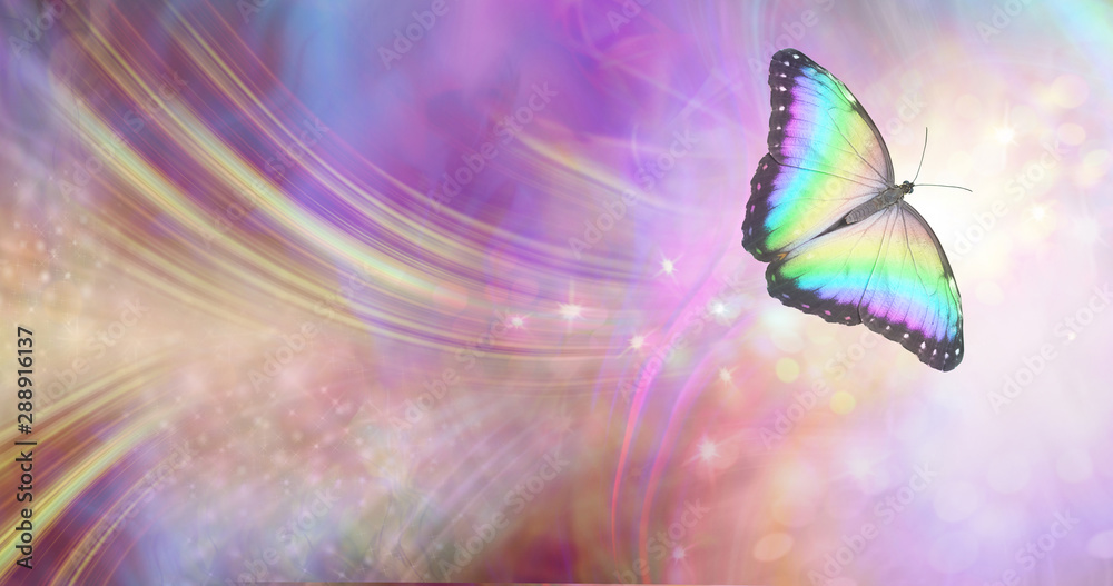 Transformation and spiritual release concept - vibrant butterfly against a white energy formation flowing outwards, sparkles and colours moving in all directions with copy space - obrazy, fototapety, plakaty 