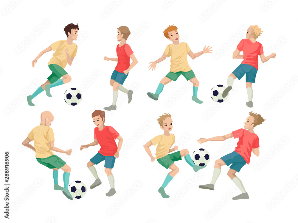 Set of children football players. Boys play football with the ball. Vector illustration Set of children football players. Boys play football with the ball. Vector illustration