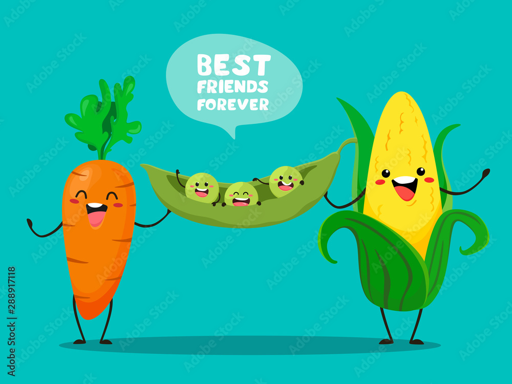 Funny corn and carrots hold a trick with green peas. Vector