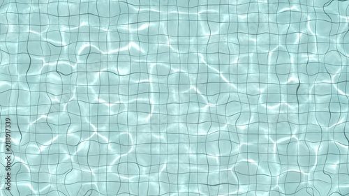 Top view of water rippled in white tiles swimming pool, with bright light shines into water and make the caustic light shimmering on bottom of the pool. 3D Illustration.