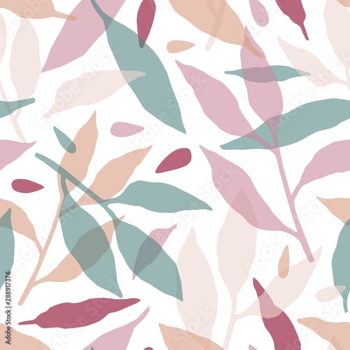 Forest leaves hand drawn vector seamless pattern. Multicolor branches silhoue...