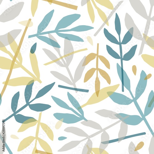 Rowan leaves hand drawn vector seamless pattern. Colorful tree branches silhouettes texture. Abstract forest flora illustration. Chaotic foliage decorative backdrop. Floral textile, wallpaper design.