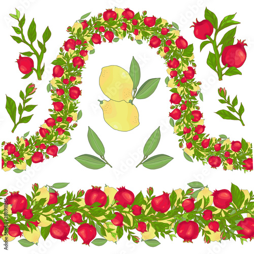 Seamless endless border brush of hand drawn ripe pomegranates and lemons with leaves and branches vector illustration