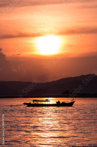 Sunset on the Irrawaddy River  Ayeyarwaddy River  in Bagan  Myanmar  Burma 