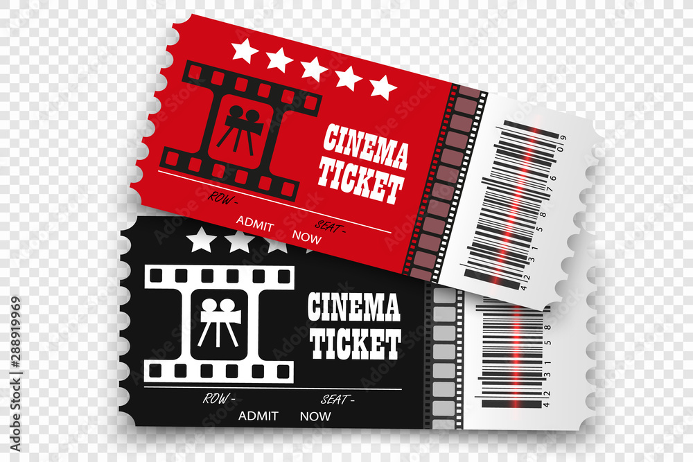 Obraz premium Vector cinema tickets isolated on transparent background. Realistic cinema entrance ticket.