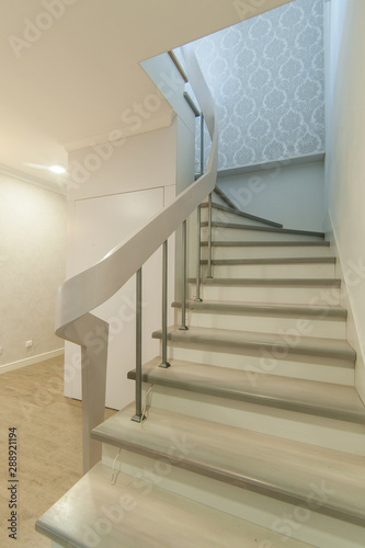 Russia, Moscow- June 15, 2018: interior room apartment. standard repair decoration in hostel. stairs, steps