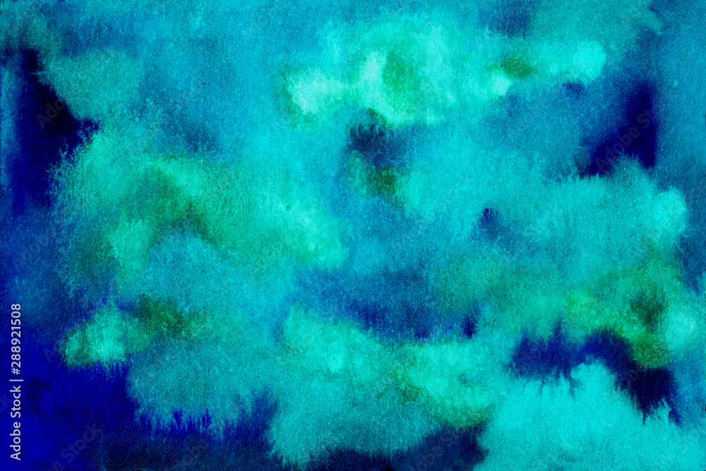 Blue and teal abstract watercolor background with clear paper texture and 