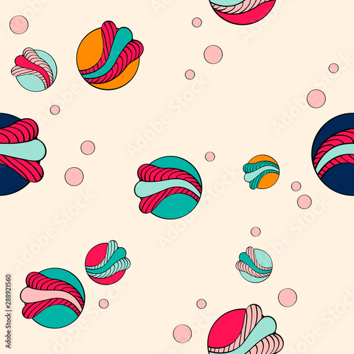 abstract background with patterns similar to candy or cakes. bright appetizing sweets on a seamless beige background. drawings similar to sea shells