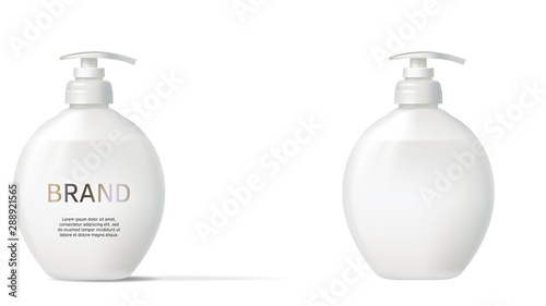 Cosmetic realistic isolated vector with white pump labeled and blank bottle