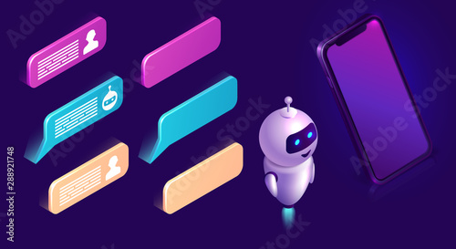 Chatbot technology, isometric set vector illustration. Ultraviolet background with mobile phone, artificial intelligence or robot figure, text bubble or message icons, interface design elements