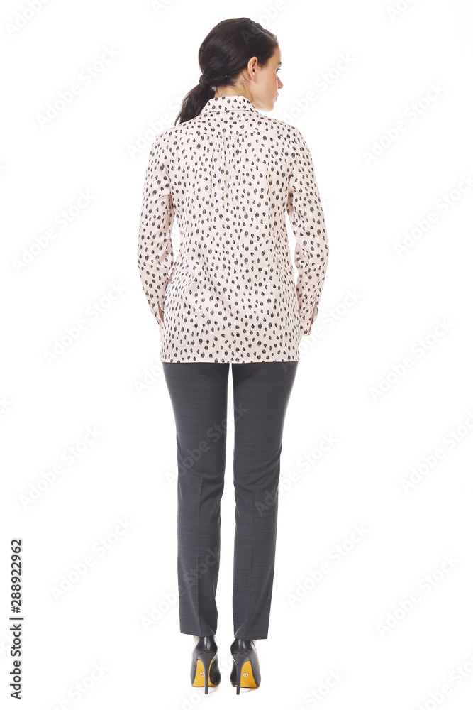 young caucasian business woman executive posing in casual bomber jacket and trousers young caucasian business woman executive posing in casual bomber jacket and trousers