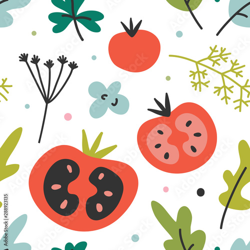 hand drawn vector illustration of tomato cooking ingredient in modern sketch hanndrawn style. Colorful seamless pattern of vegetable, good for fabric textile print or wrapping paper.
