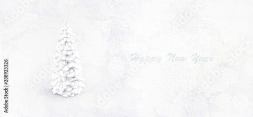 White gypsum christmas tree on white snow. New Year's minimalist concept, panoramic mock up, happy new year panoramic image