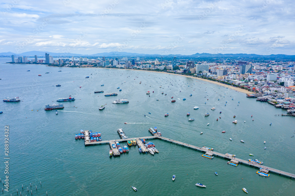 Aerial view of Pattaya harbor in Chonburi, Thailand. Aerial view from drone