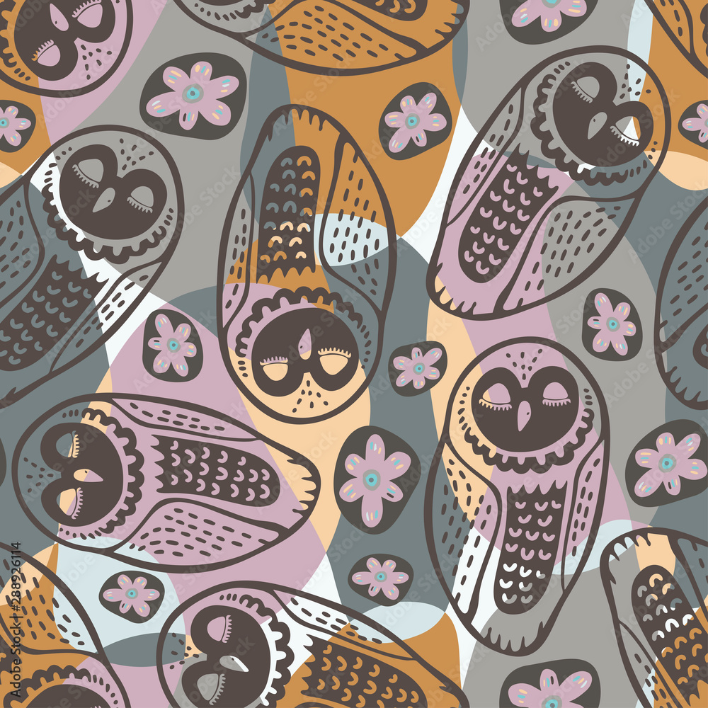 Naklejka premium Seamless vector design with colorful funny owls.