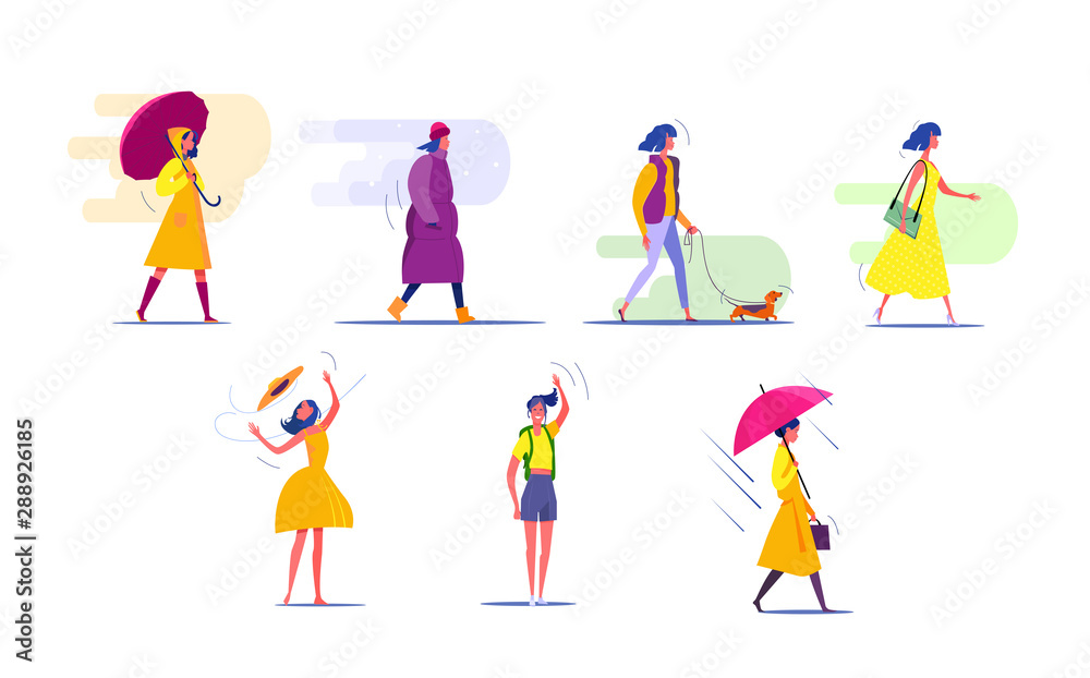 Woman in different seasons set. Woman walking, standing, wearing different clothes. People concept. Vector illustration for topics like activity, leisure, actions