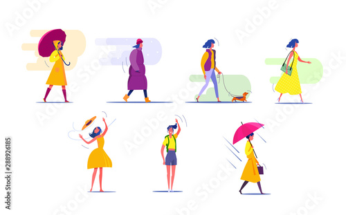 Woman in different seasons set. Woman walking, standing, wearing different clothes. People concept. Vector illustration for topics like activity, leisure, actions