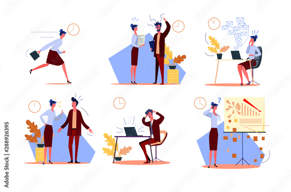 Time management failure set. Businesswoman late for work, arguing with colleague, bad in emails and graphs. People concept. Vector illustration for topics like loser, failure, messing business