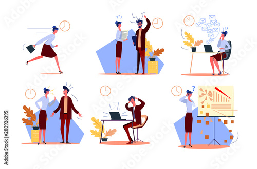 Time management failure set. Businesswoman late for work, arguing with colleague, bad in emails and graphs. People concept. Vector illustration for topics like loser, failure, messing business