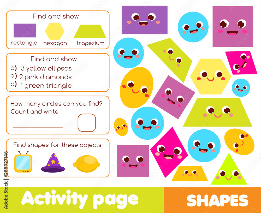 Shapes activity page for kids. Educational children game list for learning geometric forms