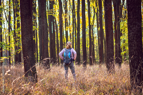 Hiking woman at autumn forest