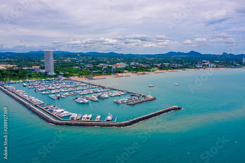 Aerial view of Harbor ocean marina yachts club in Pattaya city of Thailand