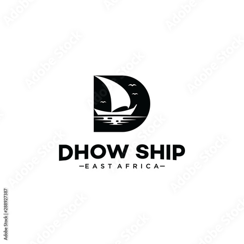 Initial letter D of Dhow ship logo design concept, Traditional Sailboat from Asia Africa