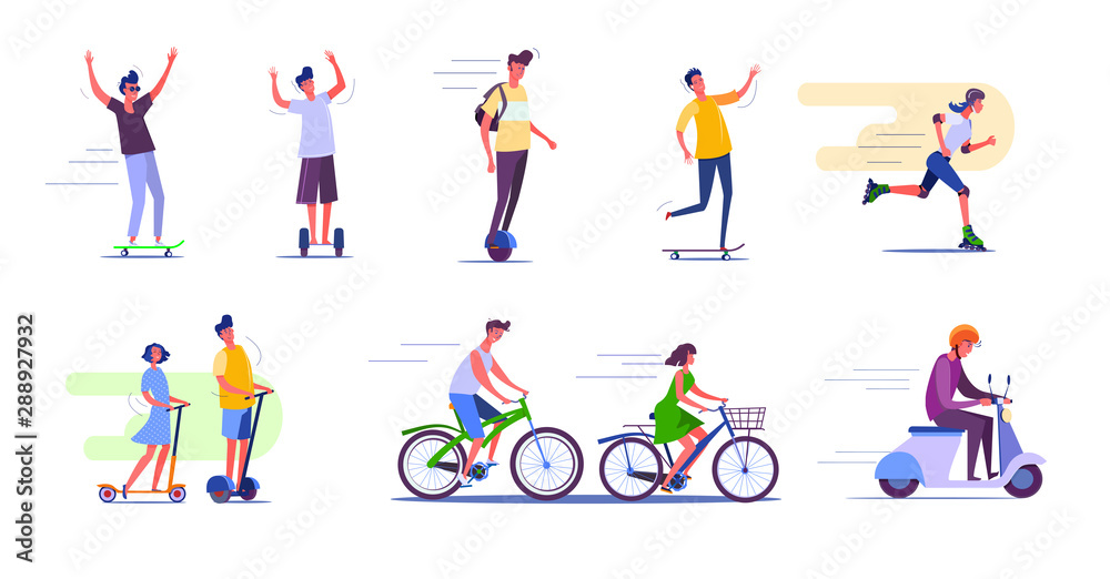 Outdoor activities set. People cycling, skateboarding, roller skating. People concept. Vector illustration for topics like activity, leisure, movement, active lifestyle