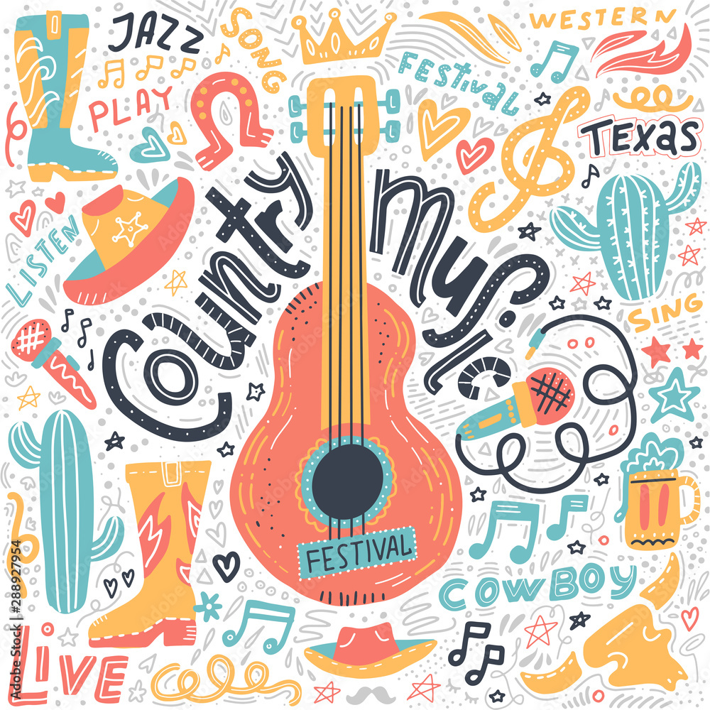 Set of Country music elements for postcards or festival banners. Vector hand drawn illustration in flat doodle style. Guitar with written lettering.
