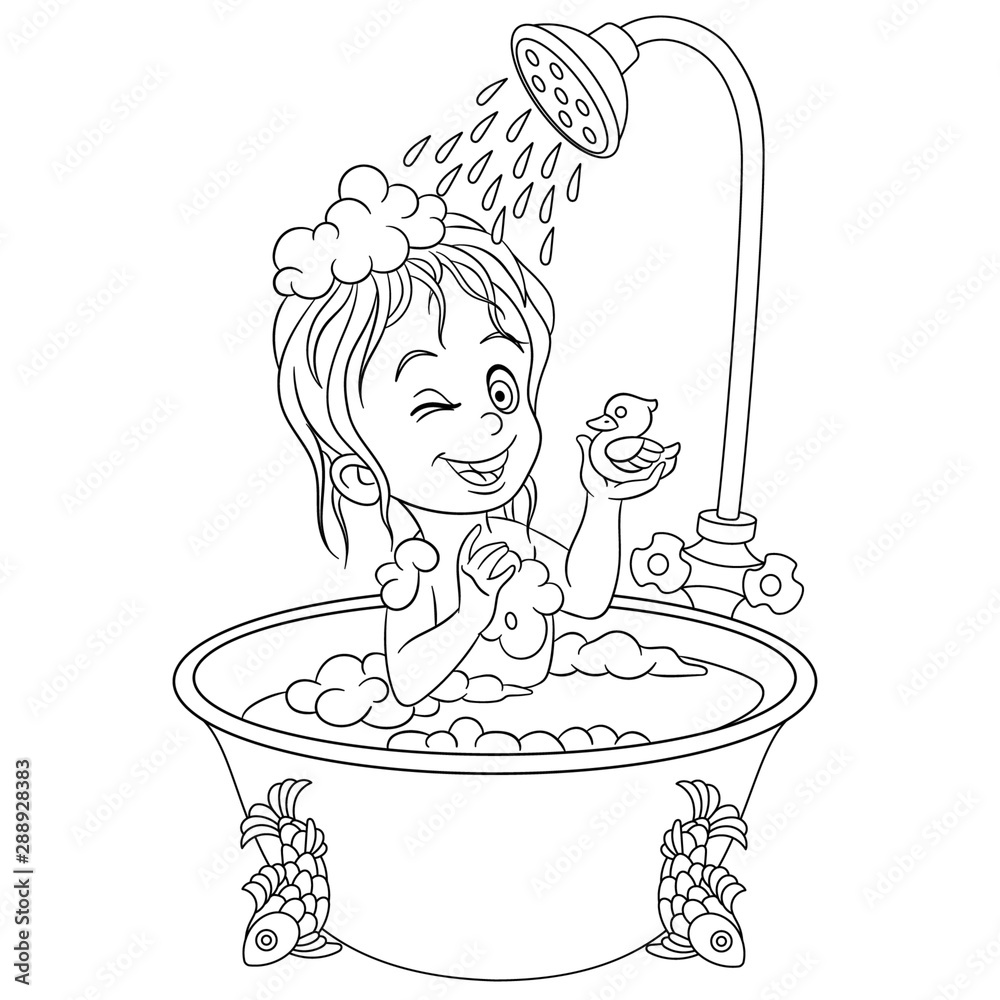 Coloring Page With Girl In Bathroom Taking A Shower Stock Vector 