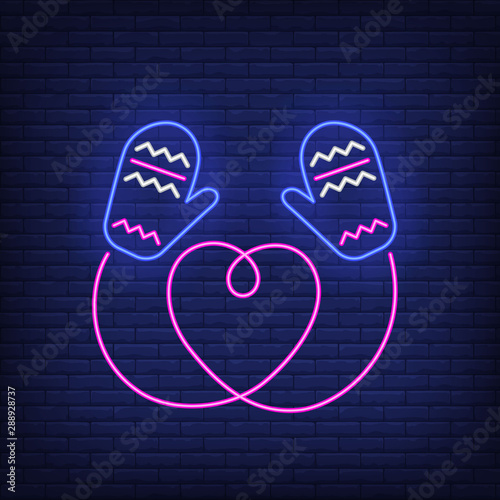 Knitted mittens with heart shaped string neon sign