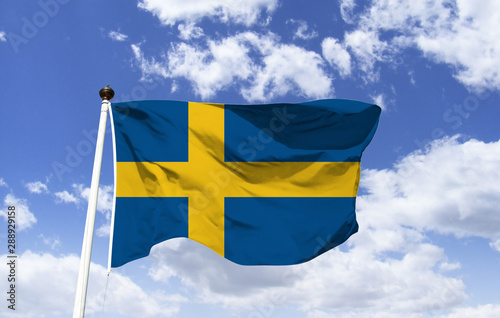 Flag of Sweden, the shape of the cross is inspired by the Danish flag, representing Christianity. The blue and yellow colors are based on the Swedish coat of arms of 1442, divided in four by a golden 