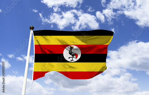 Flag of Uganda, black color symbolizes African people, red the union and fraternity of the people, are united through blood, yellow the sunshine of Africa, the crane-crowned bird is used as a military
