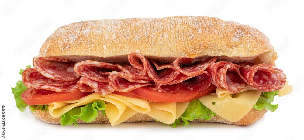 Ciabatta sandwich with lettuce, tomatoes prosciutto and cheese isolated on white background
