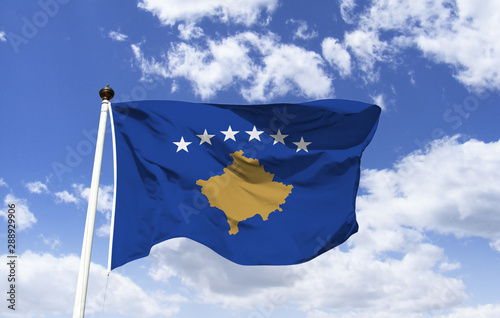Kosovo Flag Mockup, fluttering under blue sky, limited recognition country in southeastern Europe, Capital and most populous city: Pristina. Points of interest: Nebeske, Deravica, Hajla, photo
