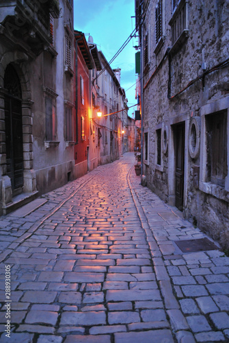 Paved alley in Rovinj  Croatia  at dusk.