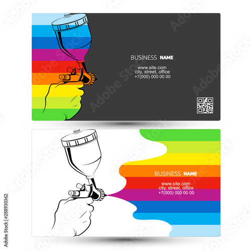 Spray gun in hand and color paint business card