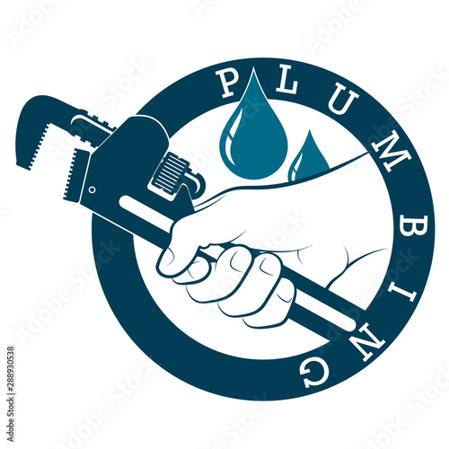 Wrench in hand and water drops plumbing repair symbol